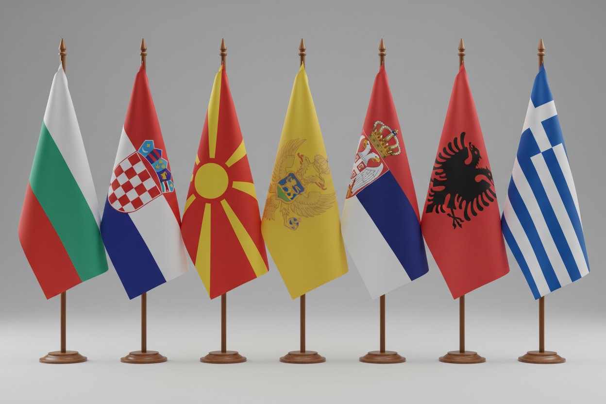 Bulgaria, Croatia, North Macedonia, Montenegro, Serbia, Albania, Greece flags