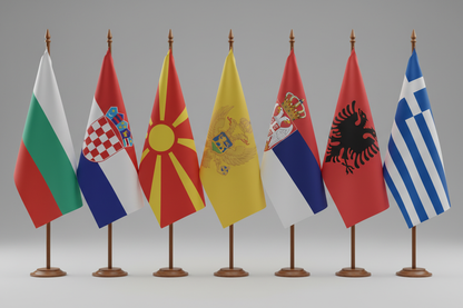 Bulgaria, Croatia, North Macedonia, Montenegro, Serbia, Albania, Greece flags